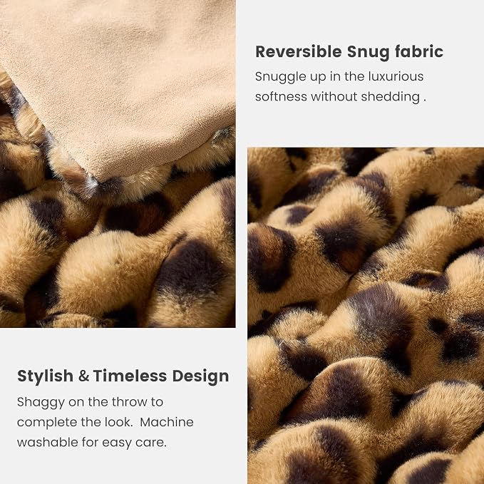 Cozy Bliss Cheetah Leopard Print Faux Fur Throw Blanket for Couch, Fuzzy Soft Plush Thick Bubble Blanket for Sofa Bedroom Living Room, 60x80 Inches Brown