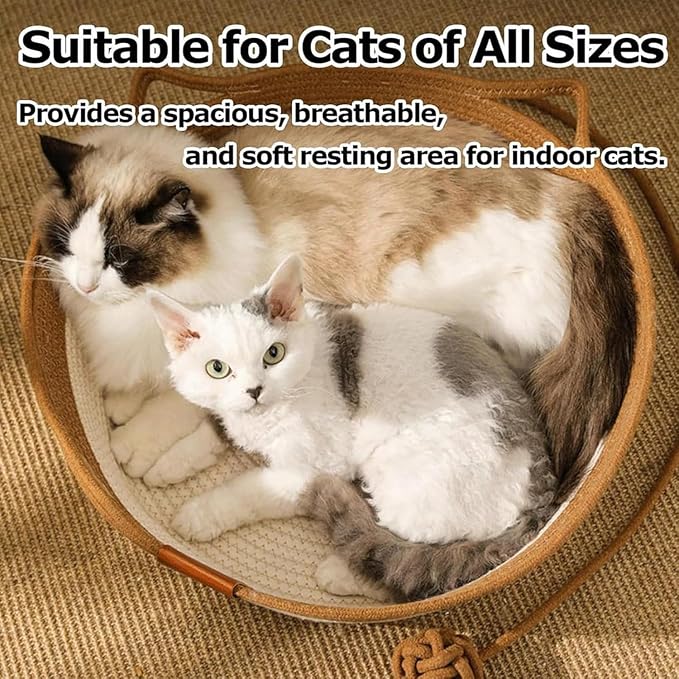 Instinct Basket, Stimuli Handwoven cat Basket Rope Cotton with Cushion, Eliminates Bed Rejection Round Pet Basket, Boho Catbed for Cats Handwoven Scratchable Breathable Weave (Small-B)