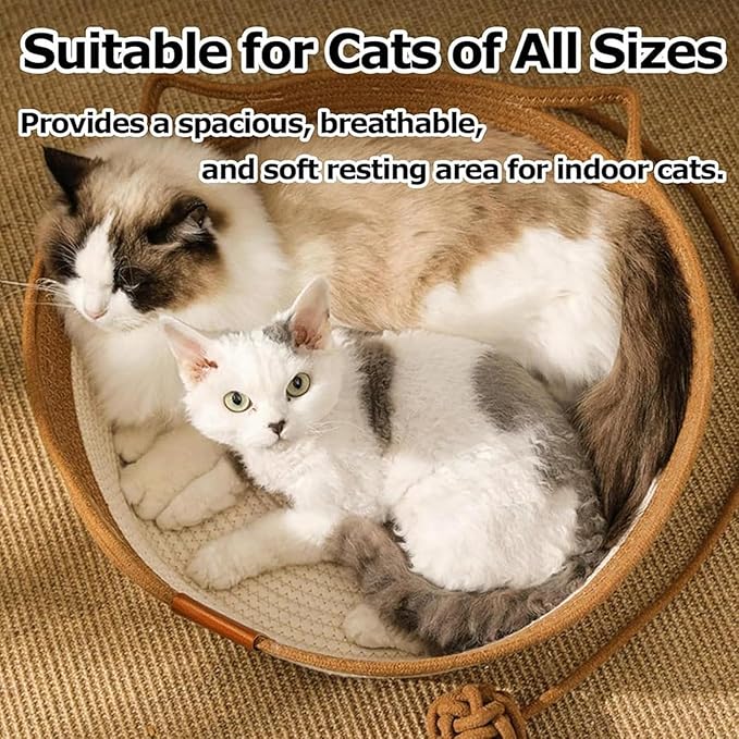 Instinct Basket, Stimuli Handwoven cat Basket Rope Cotton with Cushion, Eliminates Bed Rejection Round Pet Basket, Boho Catbed for Cats Handwoven Scratchable Breathable Weave (Large-A)