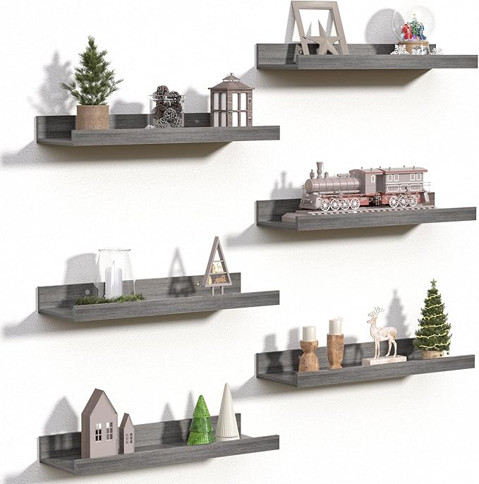 upsimples Floating Shelves for Wall Decor and Storage, Grey, 6Pcs 15.7'' | Wall Mounted Wood Shelves for Living Room, Bedroom, Bathroom, Kitchen, Office, Laundry Room Display and Organize