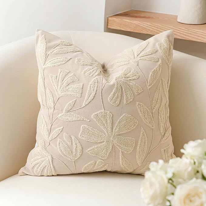 Decorative Throw Pillow Cover 20x20, Beige Neutral Velvet Accent Cushion Cover for Couch Sofa Living Room, Floral Tufted Square Pillowcase (Cover Only)