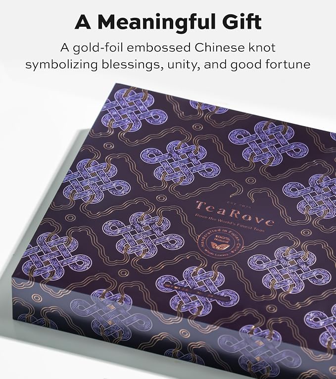 TeaRove Fancy Tea Gift Set with Gold-Foil Presentation Box, 24 Assorted Variety Pyramid Infuser Bags, 6 Flavors Handcrafted Black, Oolong, Jasmine Green, Herbal Chinese Tea Sampler Gift Set Box for Tea Lovers