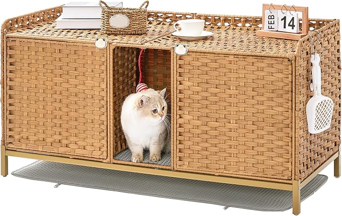 SETVSON Cat Litter Box Enclosure for 2 Cats, Hidden Cabinet, Natural | Handwoven PE Rattan with Double Mats, Spacious Double Room Kitty Furniture, 2 S-Hooks, 47.3x19.7x24 In Spacious & Versatile