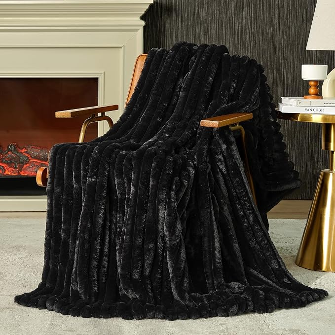 Faux Fur Throw Blanket for Couch, Cozy Fuzzy Fluffy Fur Luxurious Soft Striped Plush Gift Blankets for Family Sofa Chair Bedroom, 55"x70", Black
