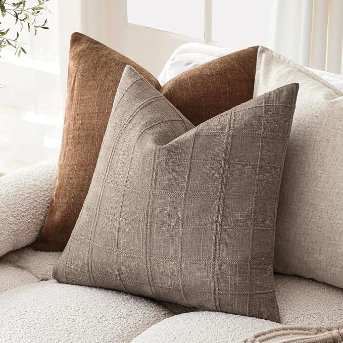 Foindtower Set of 2 Decorative Linen Check Throw Pillow Covers Neutral Farmhouse Vintage Cushion Covers Modern Boho Home Decor for Sofa Chair Couch Bedroom Living Room,20×20 Inch,Tan Taupe