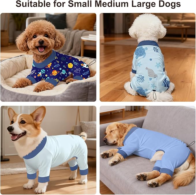 Bienbee Dog Pajamas, 4 Pack Adjustable Onesies for Small to Large Dogs 3XL | Dog Shedding Suit with Soft Fabric, Breathable & Stretchy, and Adjustable Back Length for Sleeping Lounging and Daily Use