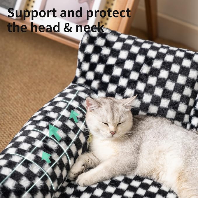 Faux Fur Cat & Dog Sofa Cat Couch Mini Cat Bed Indoor Human Style Pet Sofa, Modern Pet Furniture for Cats, Washable ＆ Removable Cover, for Cats and Small Medium Dogs (Black/White, X-Large(36X27 inch))