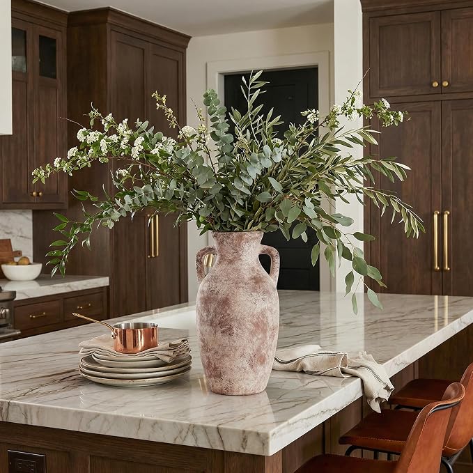 Ceramic Flower Vase with Handles,12" Neutral Tall Clay Terracotta Vases Farmhouse Table Vases with Handle Living Room Decor Rustic Pottery Pots for Home Shelf Coffee Dining Desk Fireplace