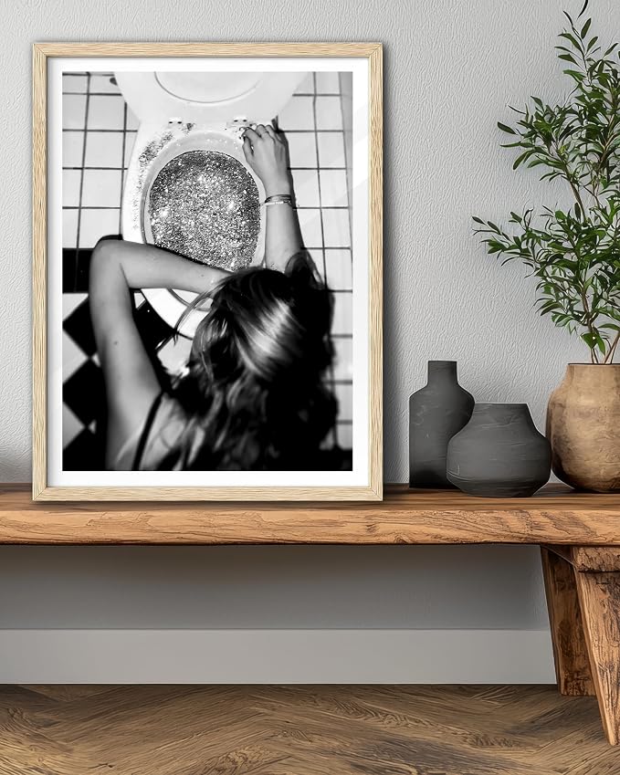 EcoHest 16x20 in After the Disco Party Framed Wall Art for Bathroom | Solid Oak Wood Frame, Canvas Wall Art, Black & White Funny Wall Decor for Bathroom, Bedroom, Dorm Room, College Room, 1Pack
