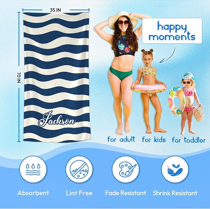 JML Custom Beach Towel with Name, Personalized Microfiber Beach Towel with Name, Large, Soft, Quick Dry & Absorbent for Swim, Pool,Adult,Summer Holiday,Vacation,Travel,Gift for Anniversary, Birthday