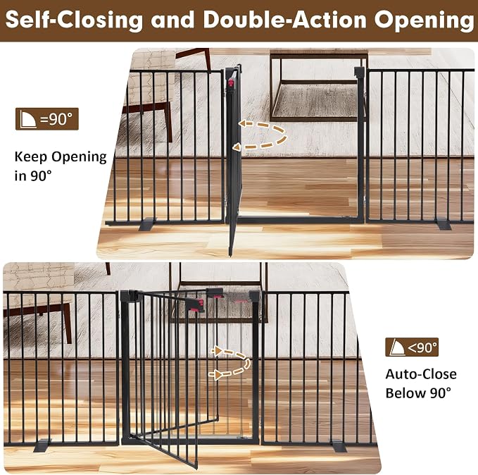 Metal Freestanding Dog Gates with Door 104"x30" Pet Fence Extra Wide | Heavy-duty Foldable Dog Fence - Auto Close Dog Barrier Indoor Outdoor for Doorways, Deck, Yard, Stairs (4 Panels,Black)