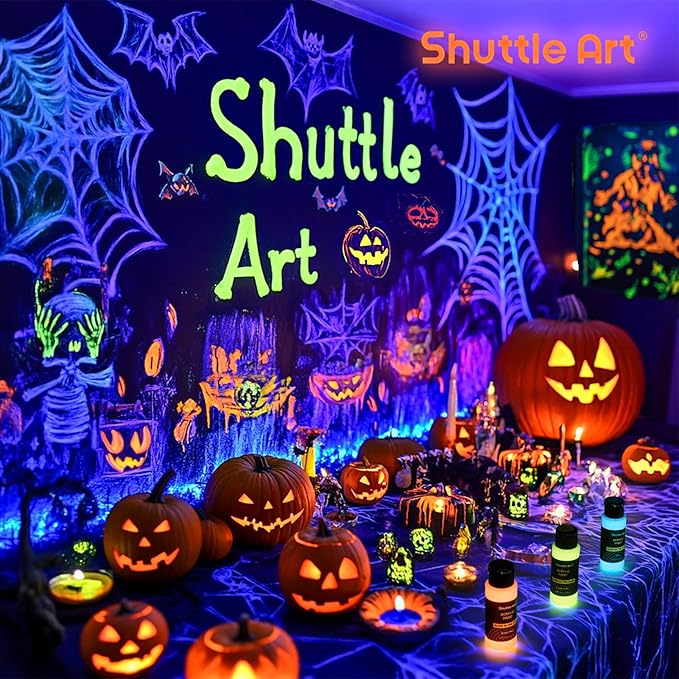 Shuttle Art Glow in the Dark Paint, 12 Colors with UV Light, 2oz/60ml Bottles, Ideal for Art Painting and Crafts, Great for Artists, Beginners on Rocks, Wood, Canvas, Fabric, and Halloween Decorations