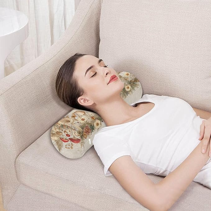 Watercolor Forestm Mushroom Beige Neck Roll Pillow Bolster Round Health Memory Foam Long Cervical Cylinder Pillows with Removable Washable Cover for Body Bed Legs Back Yoga