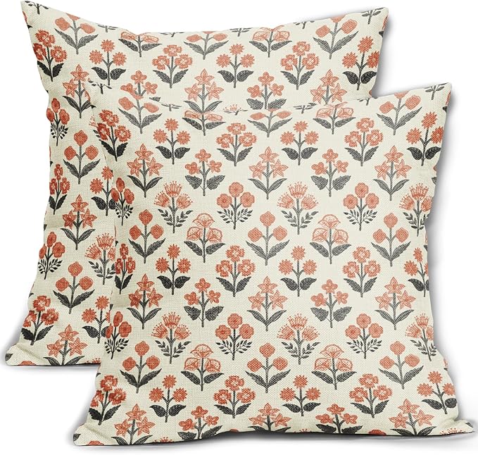 Orange Black Floral Block Print Pillow Covers 20x20 Inch Set of 2, Vintage Flower Pattern Decorative Throw Pillowcases Outdoor Farmhouse Cushion Covers Spring Summer Rustic Sofa Couch Bed Decor