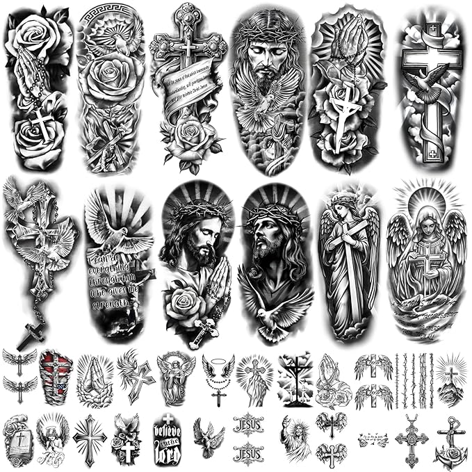 77 Sheets Christian Cross Temporary Tattoo for Women Men, 17 Sheets Half Arm Large Religious Jesus God Fake Tattoos, 60 Sheets Angels Black Christ Tiny for Adult Kids Body Tattoos Stickers Realistic