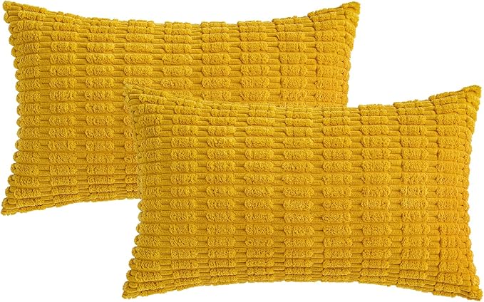 MIULEE Lumbar Corduroy Decorative Throw Pillow Covers 12x20 Mustard Yellow | Pack of 2 Soft Boho Striped Pillow Covers Modern Farmhouse Home Decor For Sofa Living Room Couch Bed