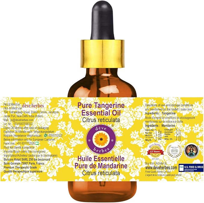 Deve Herbes Pure Tangerine Essential Oil (Citrus reticulata) with Glass Dropper Steam Distilled 50ml (1.69 oz)