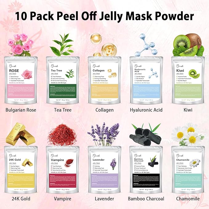 Jelly Masks Set for Facials Professional Spa,10 Pack Jelly Mask Powder with Mixing Bowl Set, Peel Off Hydrojelly Mask for Hydrating, Nourishing & Soothing, Gifts for Women