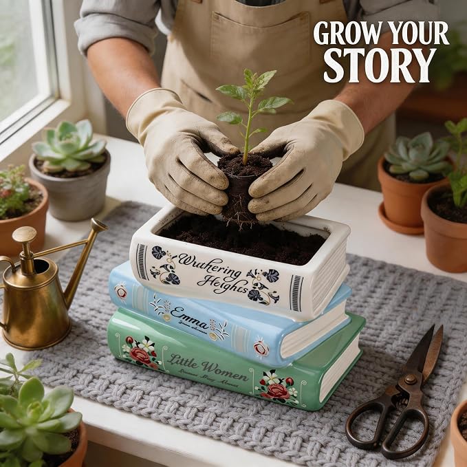 Book-Shaped Decorative Planter Pot - Unique Plant Vase & Bookshelf Desktop Office Decor for Book Lovers|Ceramic Planter with Drainage| Gift for Plant Lovers, Home Decor Enthusiasts