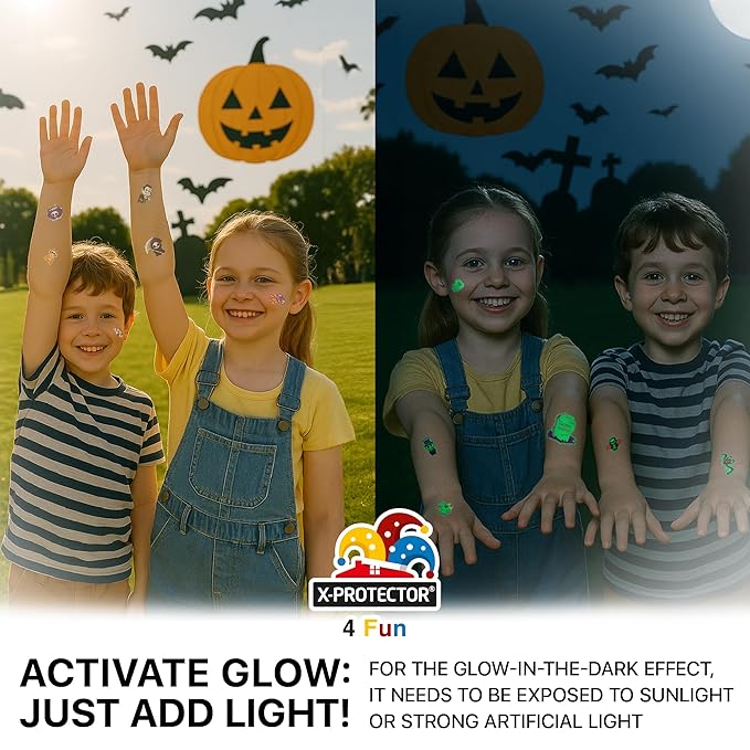 X-Protector Halloween Tattoos for Kids - Giant Pack of Temporary Tattoos - Fake Halloween Tattoos Gifts - Glow in the Dark Spooky Party Favors - Bulk Halloween Goody Bag Fillers!