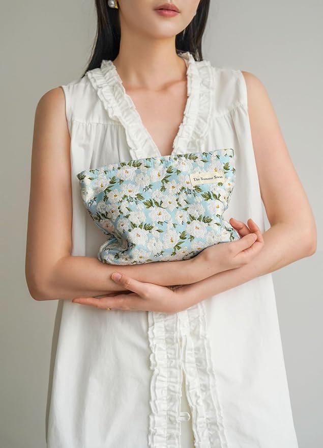 The Summer Swan Large Aesthetic Makeup Bag | Floral Makeup Bag | Mid-Day Clutch | Period Kit Bag | Hygiene Bag | Skincare Bag (White Jasmine)