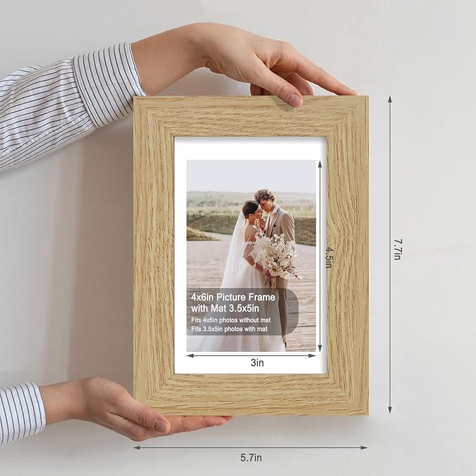 Hongkee 4x6 Picture Frame Set of 4, Made of Real Glass and Natural Oak Wooden Frame, 4 by 6 Photo for Wall or Tabletop - Display Picture 3.5x5 with Mat or 4x6 Without Mat