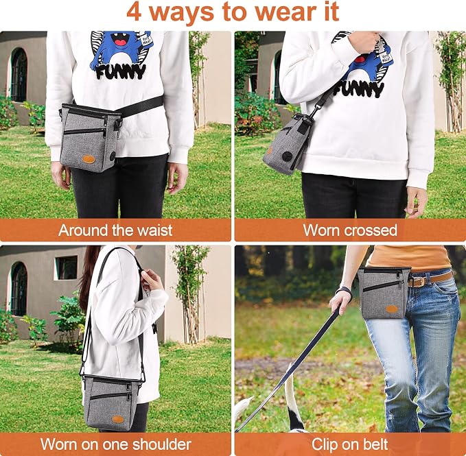 Ownpets Dog Training Pouch with Silicone Liner, Pet Treat Training Pouch with Collapsible Bowl, Shoulder Strap & Waist Strap, 4 Ways to Wear, Walking Fanny Pack for Dog Training - Grey
