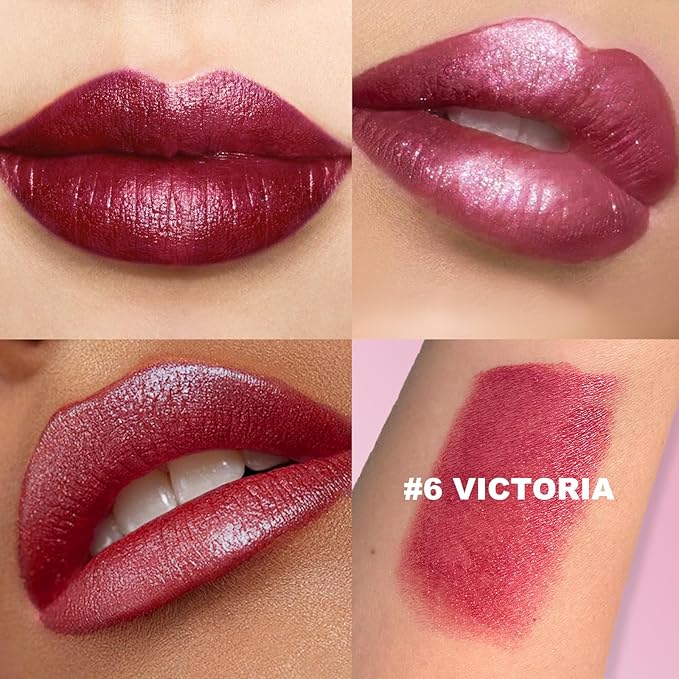 Glitter Lipstick Metallic Lip Stick Long Lasting Waterproof High Shine Diamond Creamy Shimmer Lipstick for Women Transfer Proof Full Coverage Sparkling Hot Pink Lip Crayon Color Makeup, 6