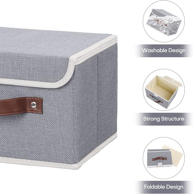ANMINY Fabric Storage Box Bins with Lids, Gray, 10"x8"x7" | Keepsake Memory Storage, Cotton Linen, PP Board Reinforced, Washable, PU Handles, Foldable & Stackable, Decorative, Small