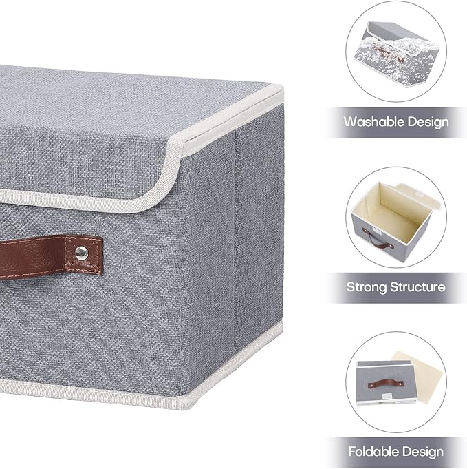 ANMINY Fabric Storage Box Bins with Lids, Gray, 10"x8"x7", 2 Pack | Keepsake Memory Storage, Cotton Linen, PP Board Reinforced, Washable, PU Handles, Foldable & Stackable, Decorative, Small