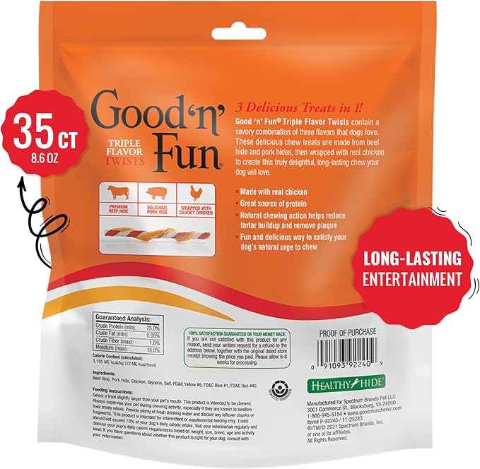 Good 'n' Fun Twists Long-Lasting Dog Treat Made With Real Protein, 35 Count | Premium Chicken, Pork and Beef Hide Chew, Supports Dental Health and Mental Stimulation, For Adult Dogs