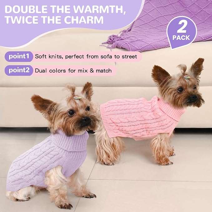 Dog Sweater 2 Pack for Small Dogs, Size S, Pink & Purple | Stretchy cable knit turtleneck, machine washable, high belly cut, comfy winter fit for Chihuahua, Maltese