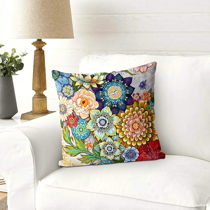 Snycler Boho Floral Throw Pillow Covers Set of 2 Colorful Boho Flower Decorative Cushions Pillowcase for Bedroom Sofa Home Decor, 16x16 Inch, Velvet, Short Plush