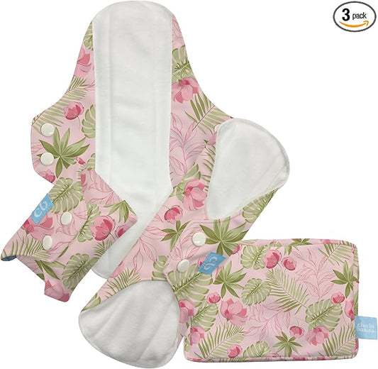 Charlie Banana - Reusable Feminine Pads Super 3 Pack with Pouch | Washable Menstrual Pads for Heavy Absorbency | Pink Forest