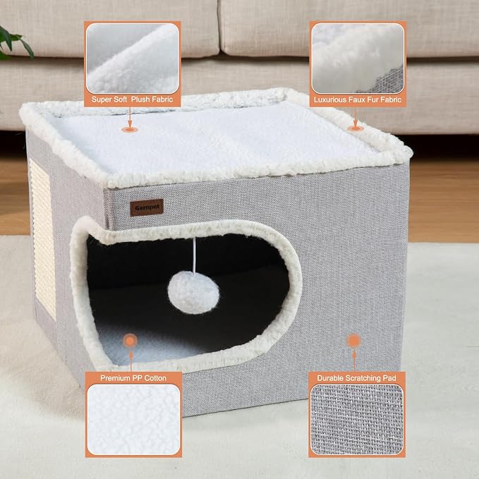 Garnpet Cat Bed for Indoor Cats Cube House, Covered Cat Cave Beds & Furniture with Scratch Pad and Hideaway Tent, Cute Modern Cat Condo for Multi Small Pet Large Kitten Kitty, Large, Green