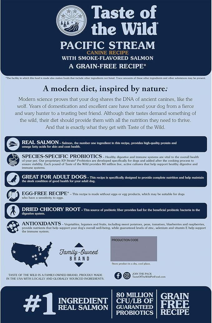 Taste of the Wild Pacific Stream Adult Dry Dog Food, Salmon, 5lb | Grain Free Recipe* | Nutrient Dense to Help Support Peak Health | Guaranteed Omega Fatty Acids to Help Support Skin & Coat