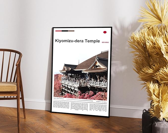 Poster Kiyomizu-dera Temple Wall Art Original Design(24"x16" Wrapped Canvas)Kyoto Japan Pagoda Print Autumn Red Maple Leaf Landscape Scenery Buddhist Shrine Zen Culture Travel Landmark Series Picture