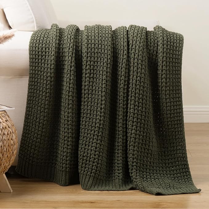 Olive Green Throw Blanket for Couch, Waffle Knit Blanket Throw 50"x60" | Chunky Chenille Throw Blanket, Soft Dark Green Throw Blanket for Home Decor, Sofa, Men, Modern Farmhouse Knitted Style