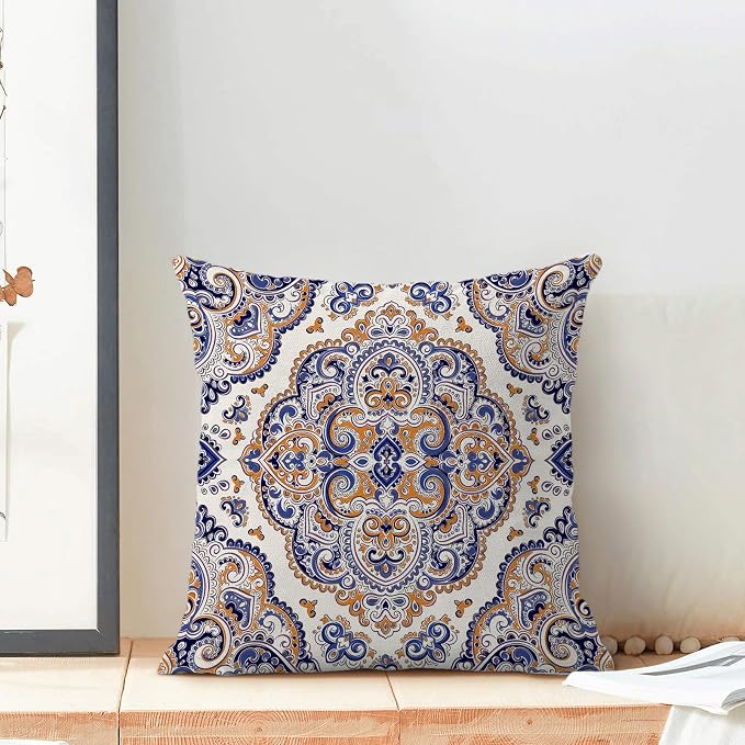 Navy Blue Boho Pillow Covers 18x18 Inch Set of 2,Burnt Orange Carpet Pattern Throw Pillows Case,Ethnic Design Retro Outdoor Decorative Square Linen Farmhouse Decor Cushion Covers for Sofa Couch