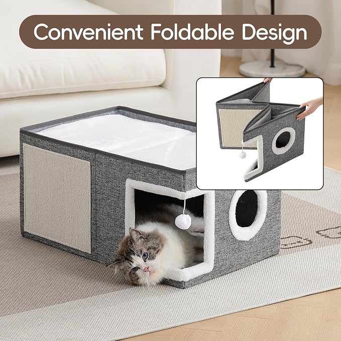 Extra-Wide Cat Houses for Indoor Cats, Large Cat Cave Bed with Fluffy Ball and Scratch Pad, Foldable Covered Kitten Bed for Multiple Cats, 23.6x16x13 inches, Grey