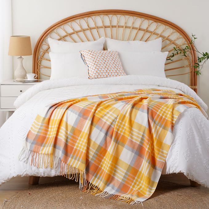 Yellow Plaid Throw Blanket for Couch, Spring Summer Throw Blankets 50"x60" | Lightweight Farmhouse Blanket, Soft Cozy Woven Throw with Tassels, Buffalo Plaid Blanket for Bed, Sofa, Home Decor