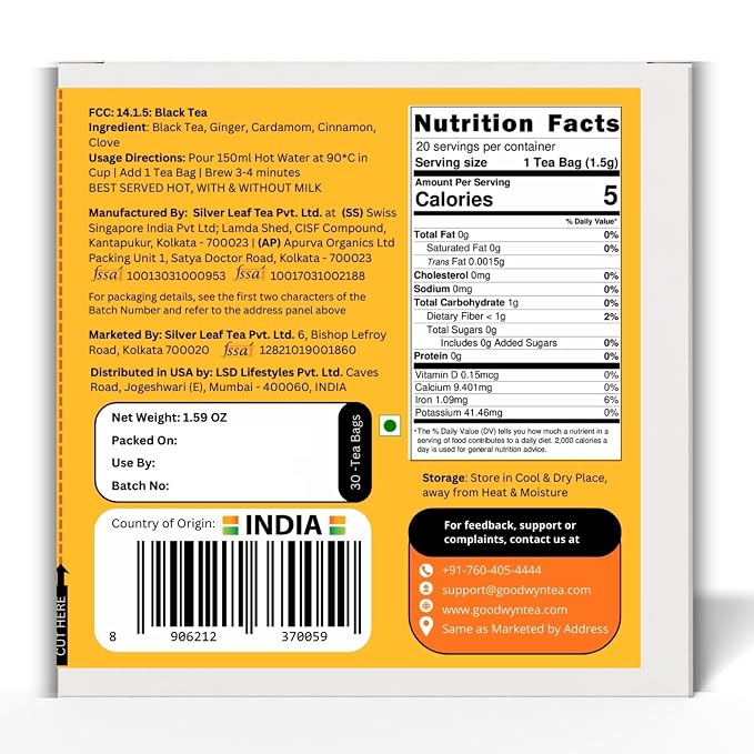 Goodwyn Masala Black Tea Chai (30 Tea Bags) | Authentic Indian Spiced Tea | Kadak Doodh Chai | Real Herbs & Spices | From Own Tea Estates in Assam | 100% Natural | Plastic Free Tea Bags | Bold & Aromatic | Traditional Masala Chai for Daily Enjoyment