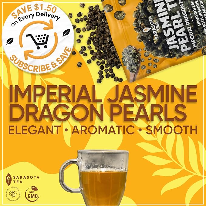 Organic Jasmine Pearls Loose Leaf Tea | Hand-Rolled Green Tea Scented with Jasmine Blossoms | USDA Organic | Premium Dragon Pearls | 4.4oz Bag | Floral & Smooth | Non-GMO