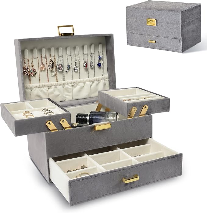 Jewelry Organizer Box, Large Velvet Jewelry Boxes for Women Girls, Space-Saving 3 Layers Jewelry Storage Case with Drawer, Movable Metal Stand, Modern, Gift Idea (Grey)