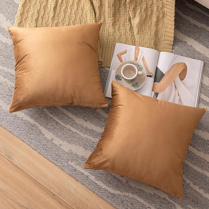 NiNi ALL Brown Velvet Throw Pillow Covers 26x26 Pack of 2 Decorative Couch | Soft Solid Boho Cushion Squar Pillow Cases for Chair Sofa Bedroom Farmhouse Living room Modern Luxury Home Decor Christmas