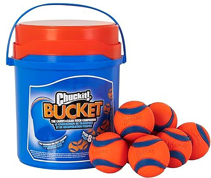 Chuckit! Ultra Ball Dog Toy with Cleaning Bucket, Medium 2.5-in, 8-Pack | Bouncy Fetch Balls Made of Durable Rubber for Dogs 20-60 lbs Pair with a Cleaning Bucket for Easy Storage and Play