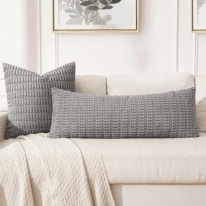 MIULEE Lumbar Corduroy Throw Pillow Cover for Bed 14x36 Light Grey Set of 1 | Soft Long Decorative Cushion Cover Boho Farmhouse Accent Pillowcase Sofa Couch Livingroom Home Decor