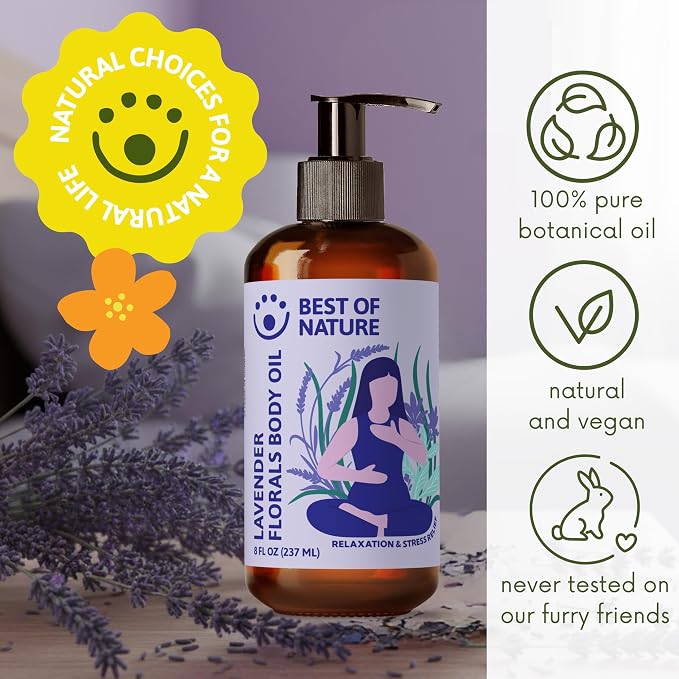 Best of Nature Lavender Florals Aromatherapy Massage & Body Oil - Tranquil, Soothing Blend with Lavender, Sage, Rosewood & Palmarosa, Ideal for Relaxing Massage or Daily Moisturizing