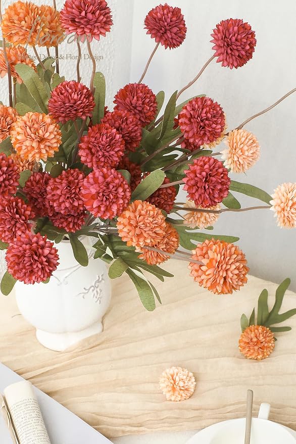 9pcs Dark Red Burnt Orange Mix Faux Silk Mums Artificial Flowers, Bulk Fake Small Mini Chrysanthemums with Stems for DIY Wedding Centerpieces Floral Arrangements Vase Fillers Home Decorations