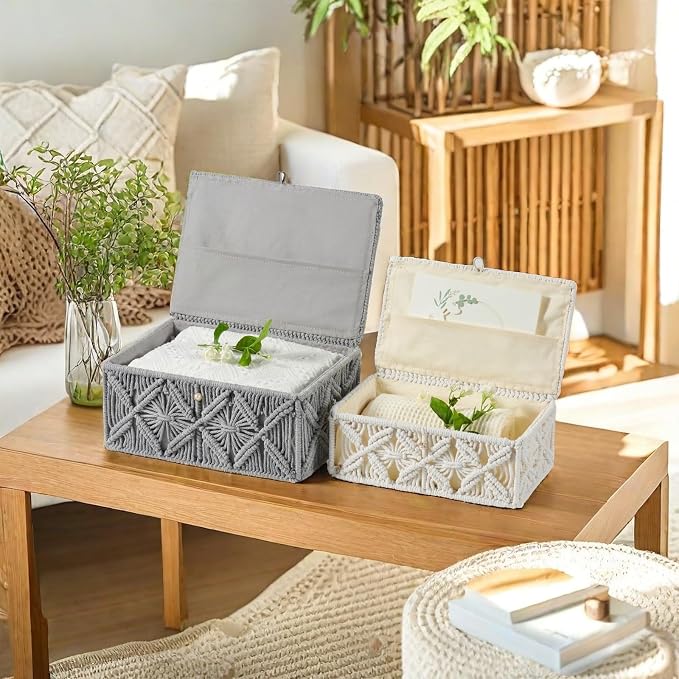 Decorative Boho Storage Baskets with Lid Natural Macrame Boxes | Handmade Cotton Rope Woven Bins, Shelf Desk Organizer Container for Jewelry Memory Keepsake Photo Makeup, Off White, Large
